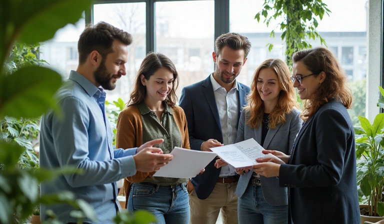 A diverse group of professionals collaborating in a modern, plant-filled office, symbolizing the Herbazora team's passion and collaboration.