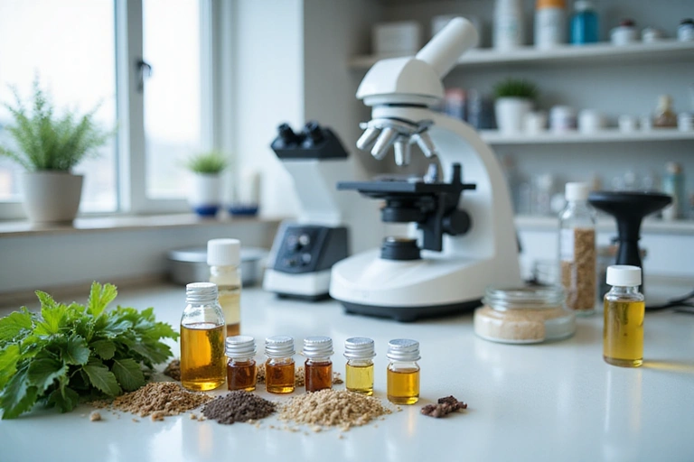 A laboratory setting with natural ingredients in beakers and scientific equipment, symbolizing strict quality control and testing of natural products.