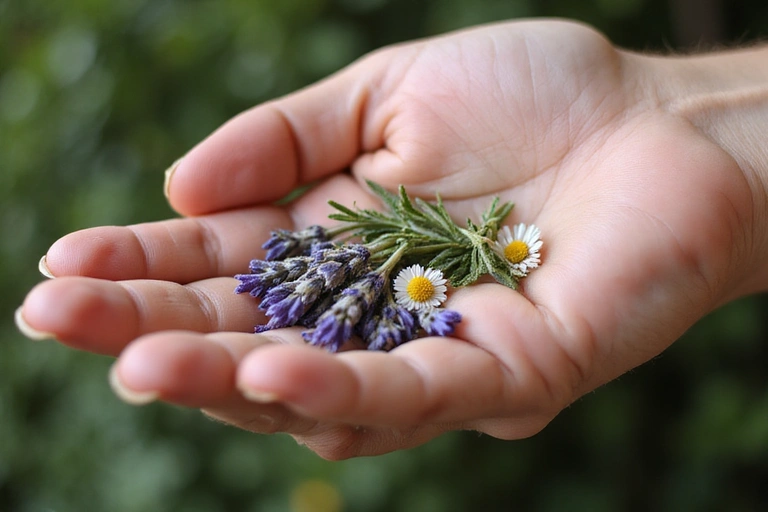 A close-up of a hand gently holding a handful of dried, aromatic herbs, with soft lighting and a rustic background, symbolizing Herbazora's natural origins and dedication to herbal wellness.