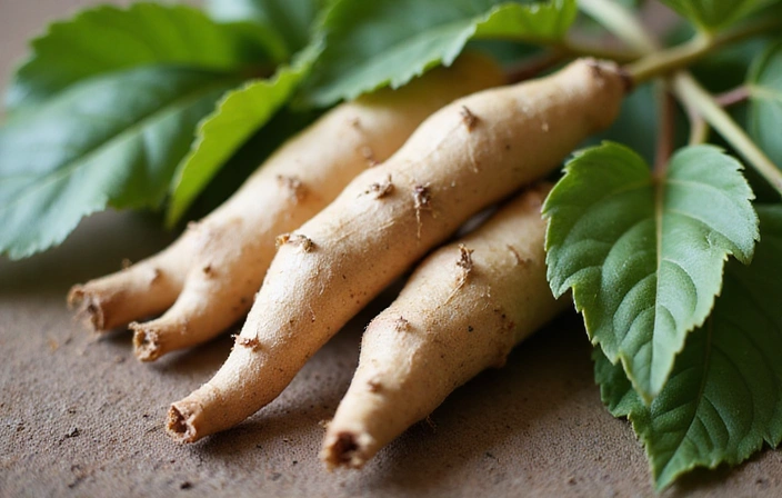 Ashwagandha root and leaves, highlighting its natural origin.