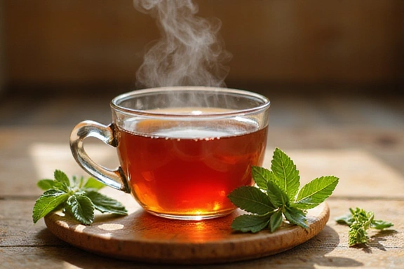 Herbal tea with steam, symbolizing relaxation and natural remedies.